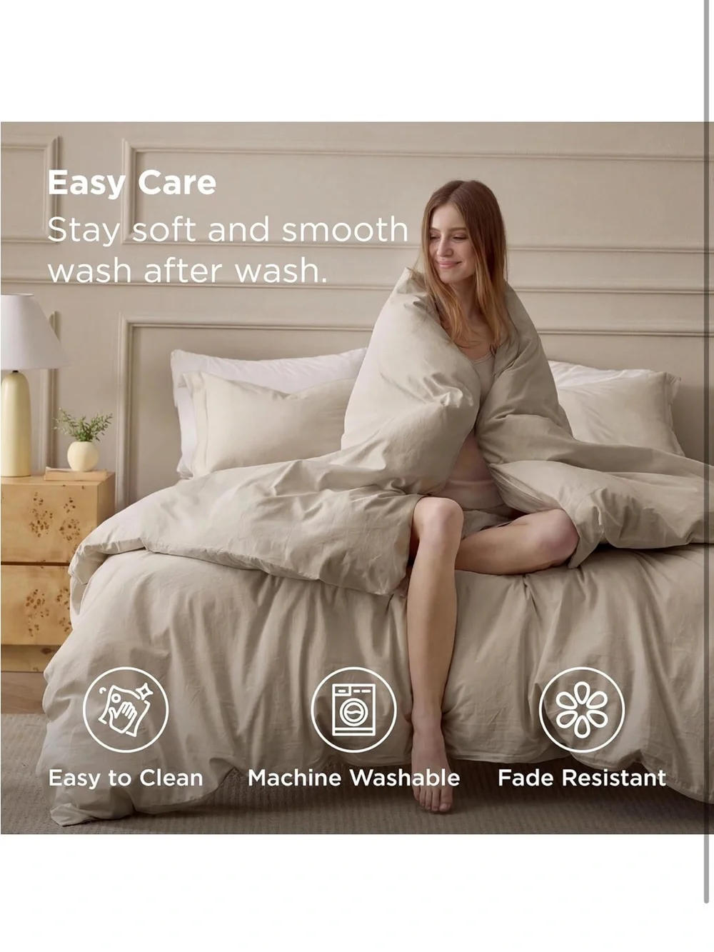 NEW Bedsure 100% Washed Cotton Duvet Cover Set. Frosted Almond Minimalist Beddin
